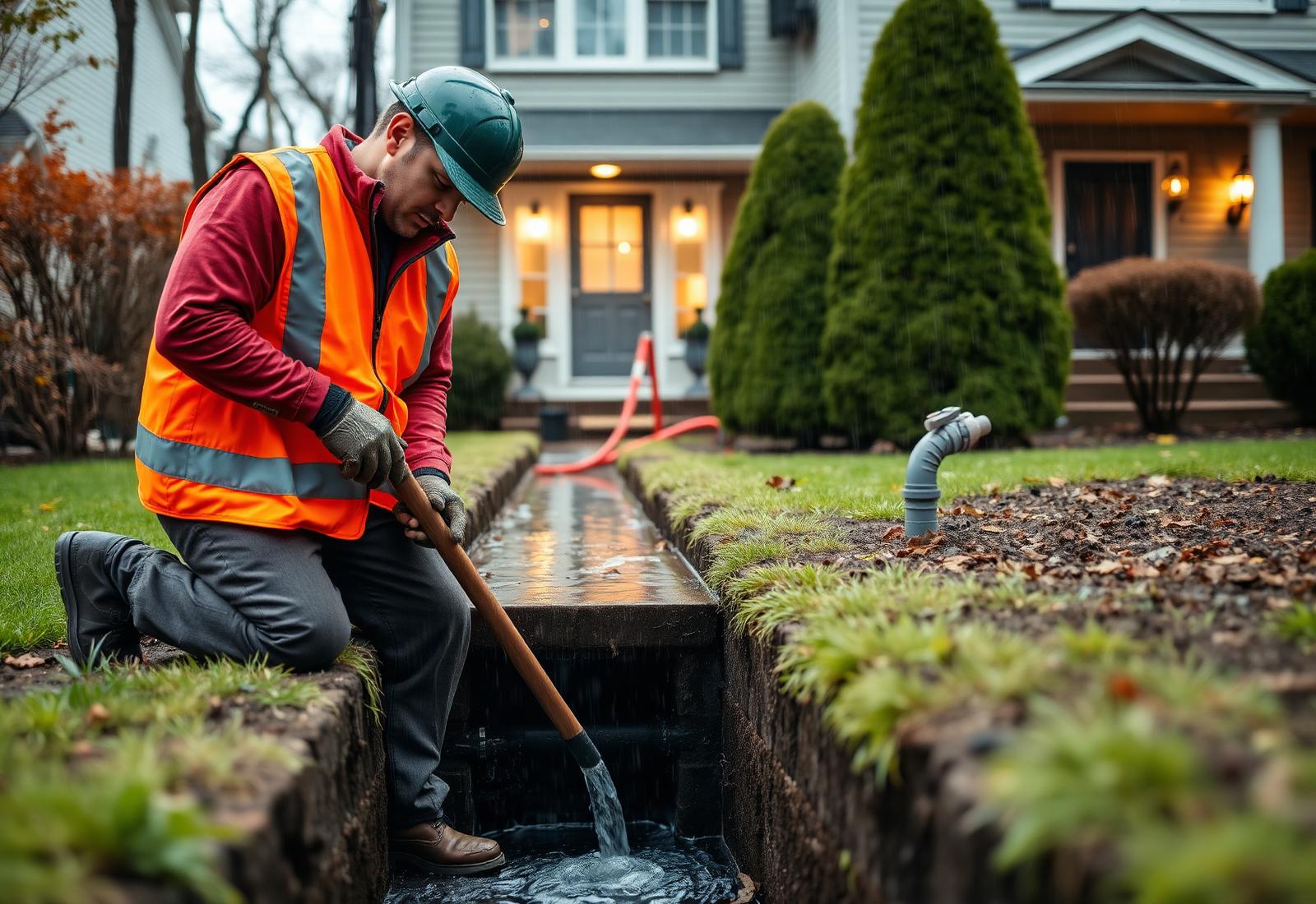 Northeast Home Improvement crew installing a residential drainage system in Staten Island